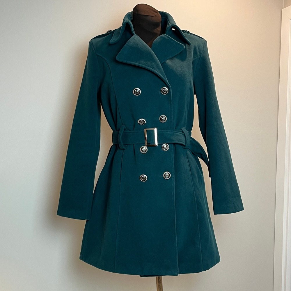 Pedra Nigra Italy Womens Teal Green Double Breasted Belted Trench Coat XL